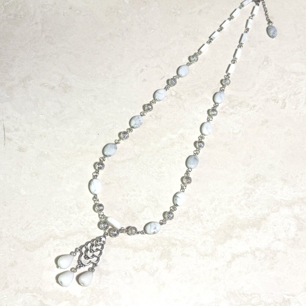 Chandelier Long Necklace with White Stones, Natural Magnesite & Milky Quartz